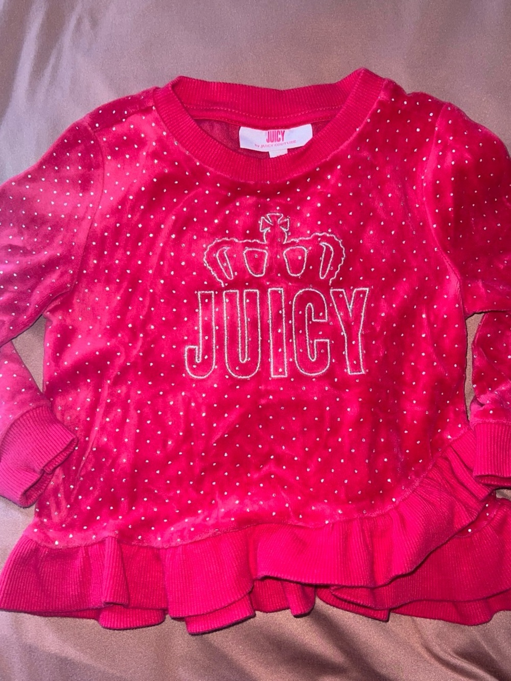 Juicy Couture Girls Hot Pink Velvet Logo Sweatshirt with Crown